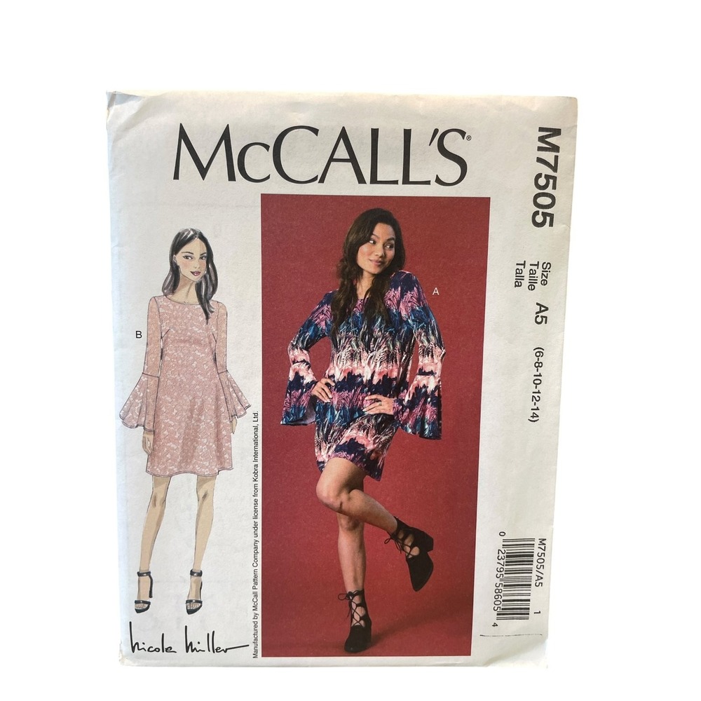 McCall's M7505 Nicole Miller Misses' Dress A5 (6-14) Bell Sleeve Shift Pattern